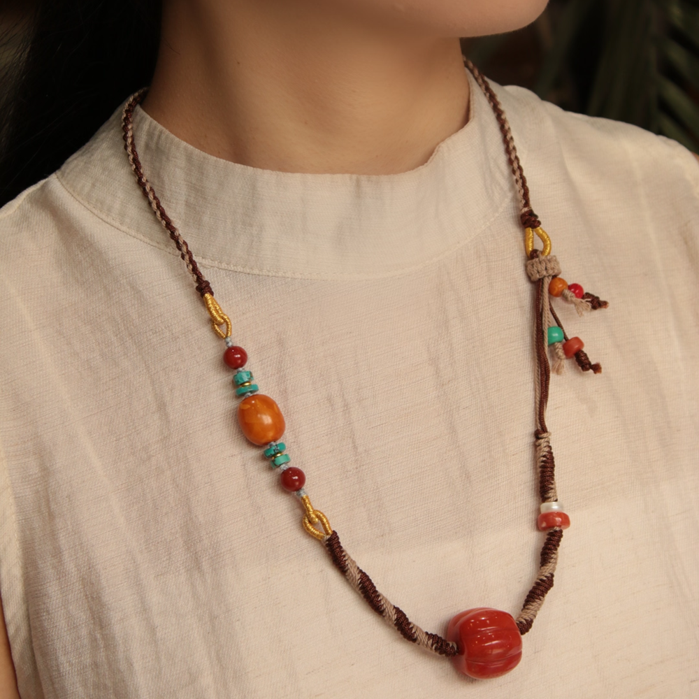 Integrated Lucky and Wealth South Red Agate Turquoise and Beeswax Pendant