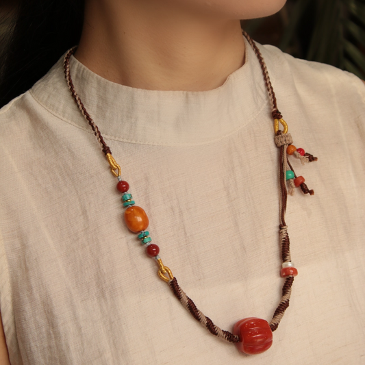 Integrated Lucky and Wealth South Red Agate Turquoise and Beeswax Pendant