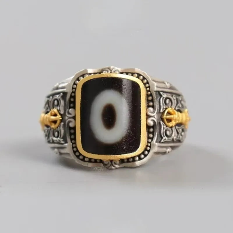 Mens Tibetan Silver Dzi Bead Ring Offer You Wisdom and Protection