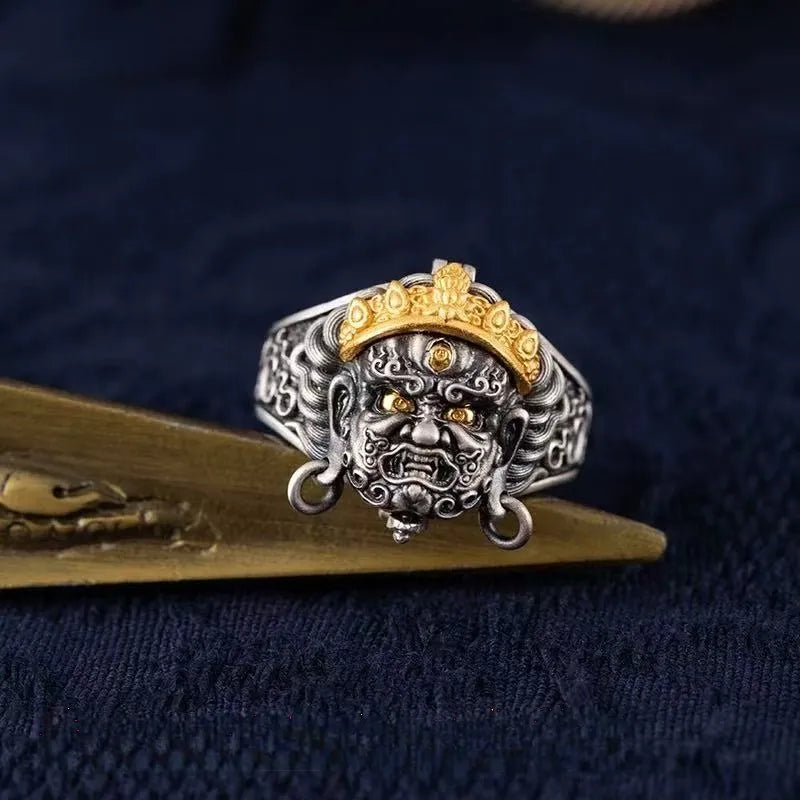 Black Jambhala S925 Silver Ring for Wealth and Wisdom in Motion