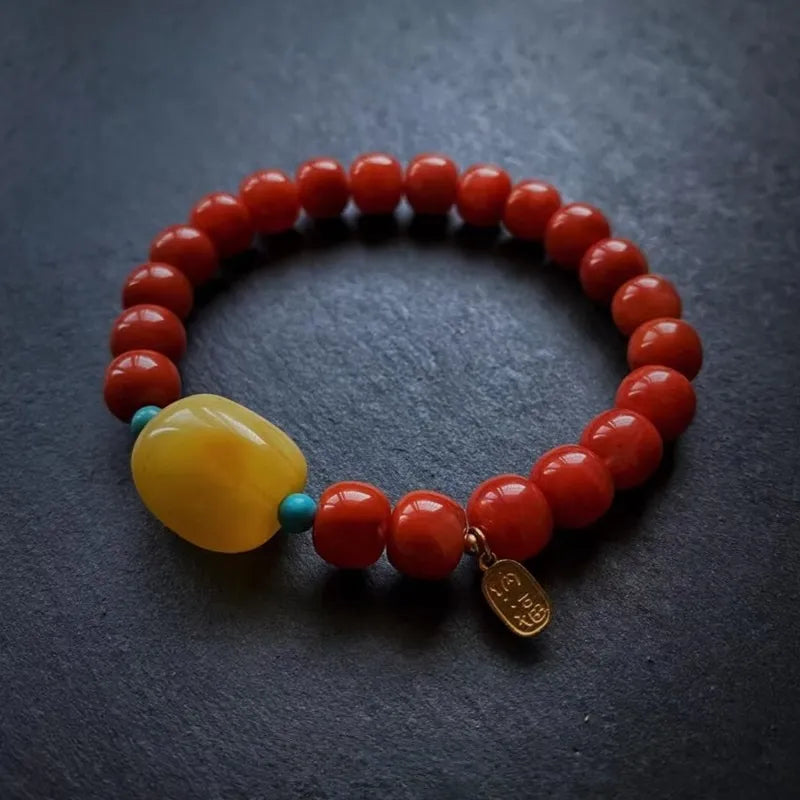 Natural South Red Agate with Amber Bracelet for Harmony Blessings