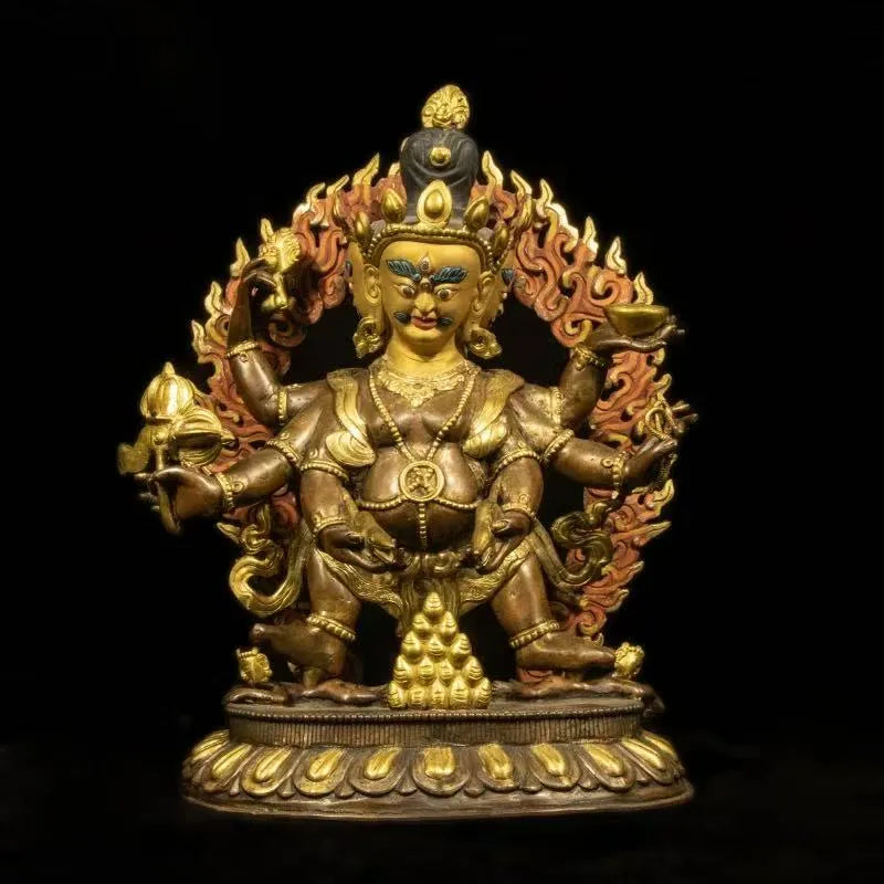Rare Qing Dynasty Gilt Bronze Three-Faced and Six-Armed Black Jambhala Statue
