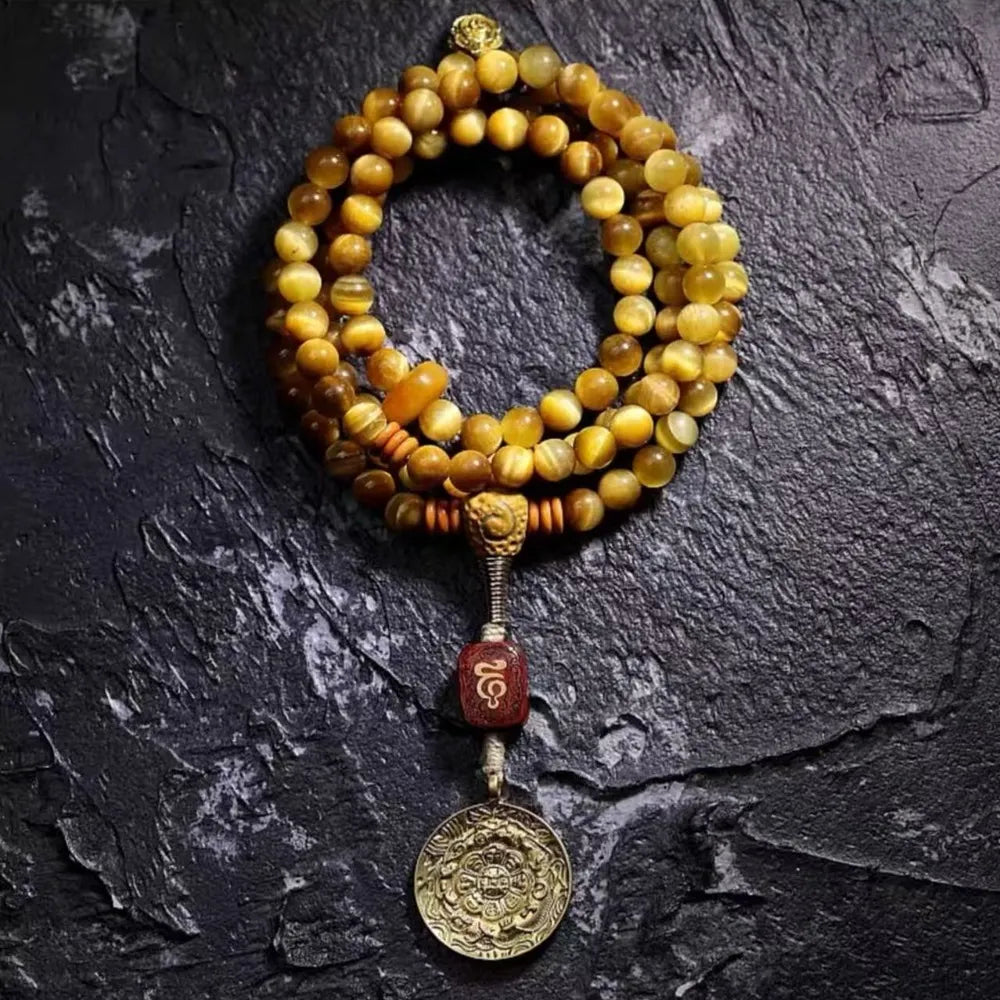 Tibetan Wealth Tiger Eye and Amber Pendant Necklace