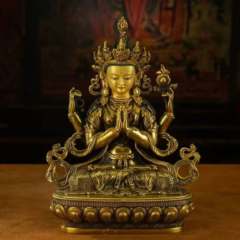 Antique Gilded Bronze Four-Armed Guanyin Statue