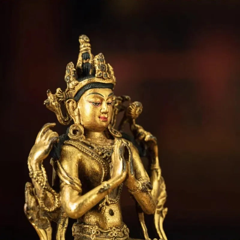 Four-Armed Avalokitesvara in Sculpture with Twin Lotus Base and Mud-Gold Inlay Craftsmanship