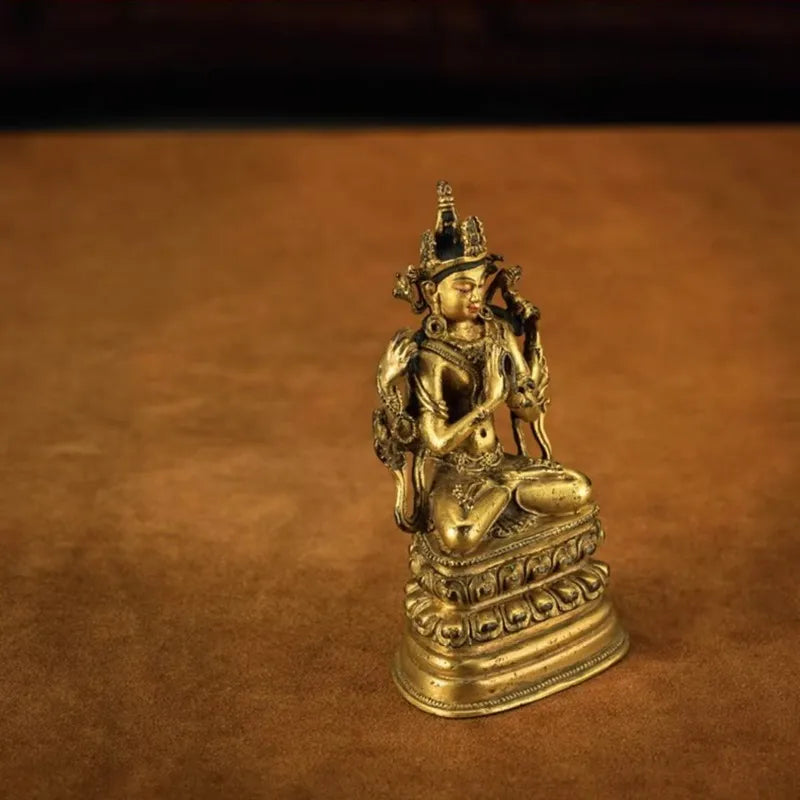 Four-Armed Avalokitesvara in Sculpture with Twin Lotus Base and Mud-Gold Inlay Craftsmanship