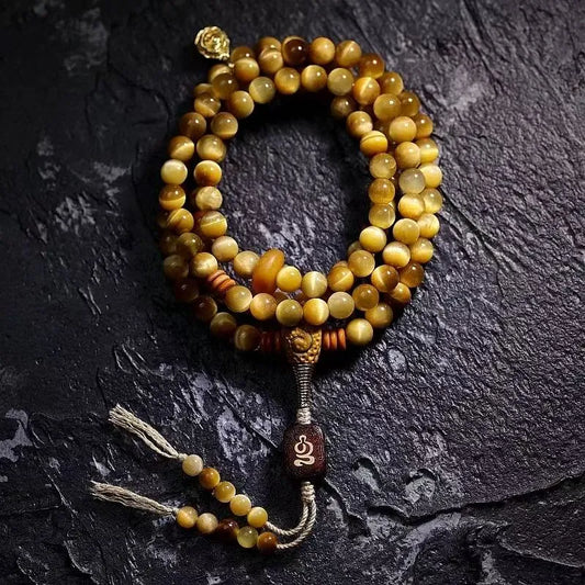Tibetan Wealth Tiger Eye and Amber Pendant Necklace