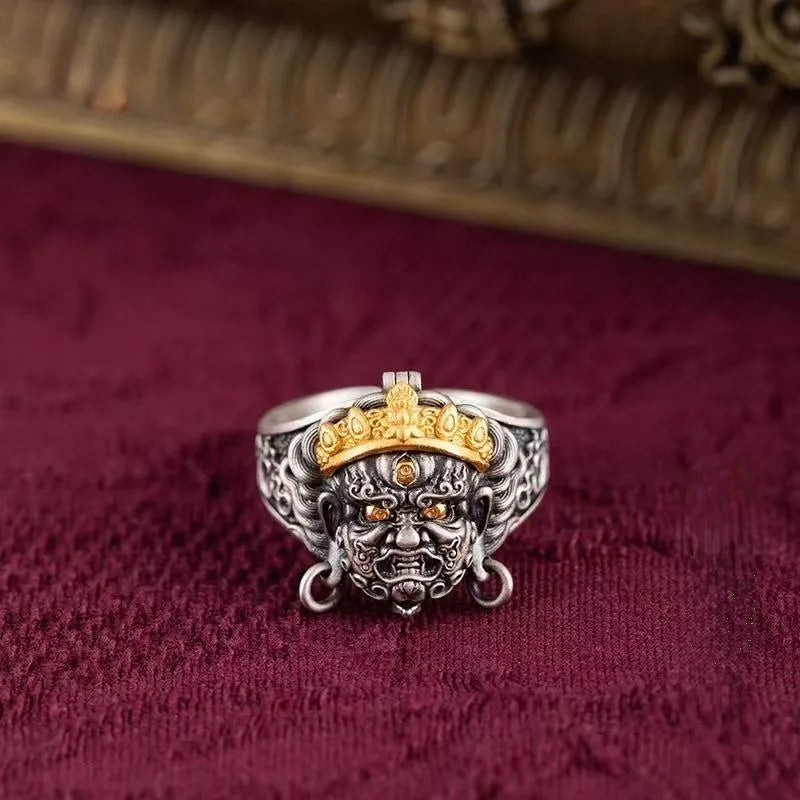 Black Jambhala S925 Silver Ring for Wealth and Wisdom in Motion