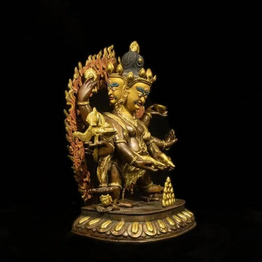 Rare Qing Dynasty Gilt Bronze Three-Faced and Six-Armed Black Jambhala Statue