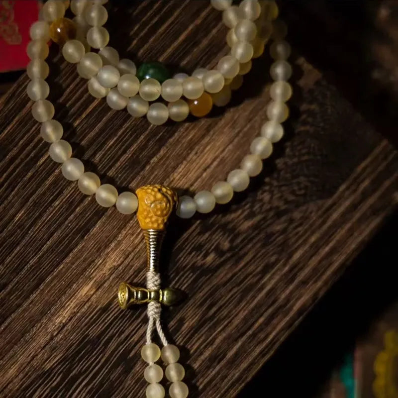 Guardian Natural Horn Bone Blessing 108 Mala Beads Necklace