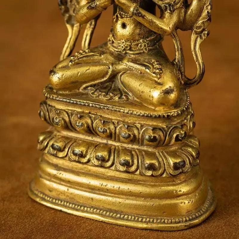 Four-Armed Avalokitesvara in Sculpture with Twin Lotus Base and Mud-Gold Inlay Craftsmanship