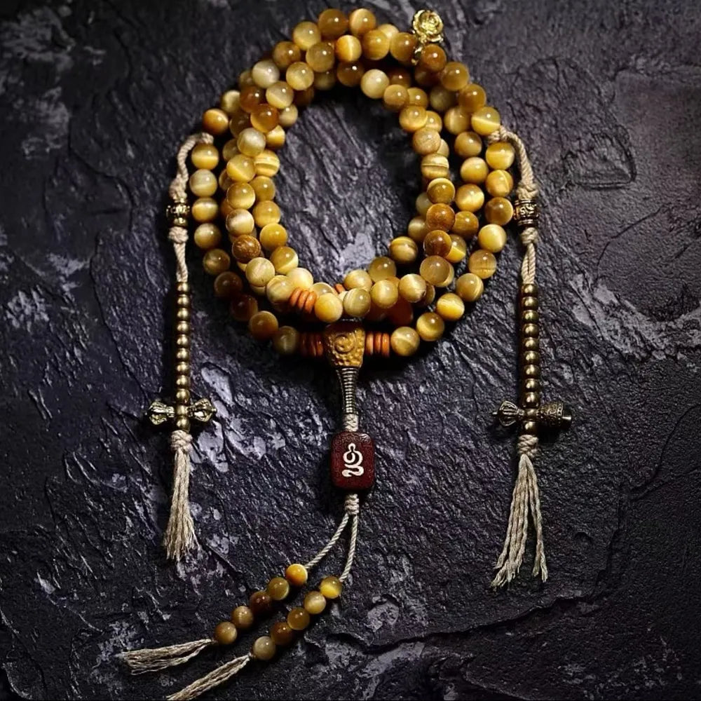Tibetan Wealth Tiger Eye and Amber Pendant Necklace