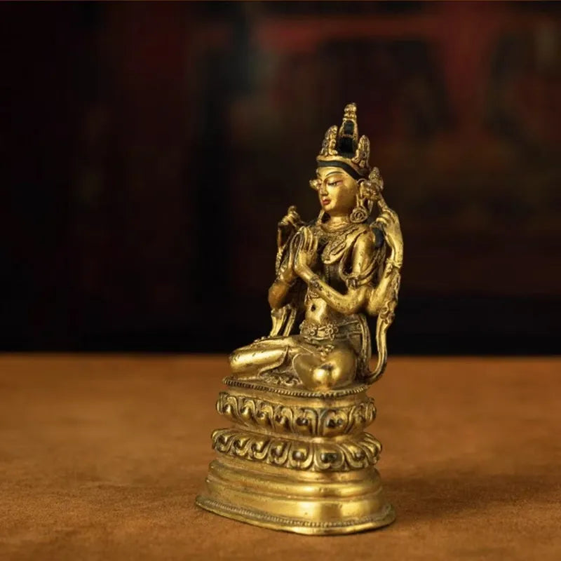 Four-Armed Avalokitesvara in Sculpture with Twin Lotus Base and Mud-Gold Inlay Craftsmanship