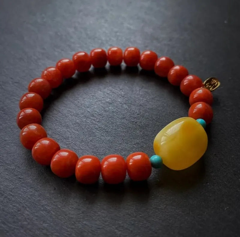Natural South Red Agate with Amber Bracelet for Harmony Blessings