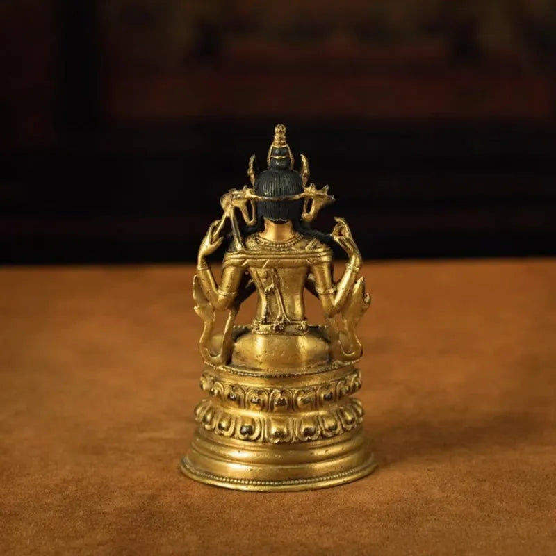 Four-Armed Avalokitesvara in Sculpture with Twin Lotus Base and Mud-Gold Inlay Craftsmanship