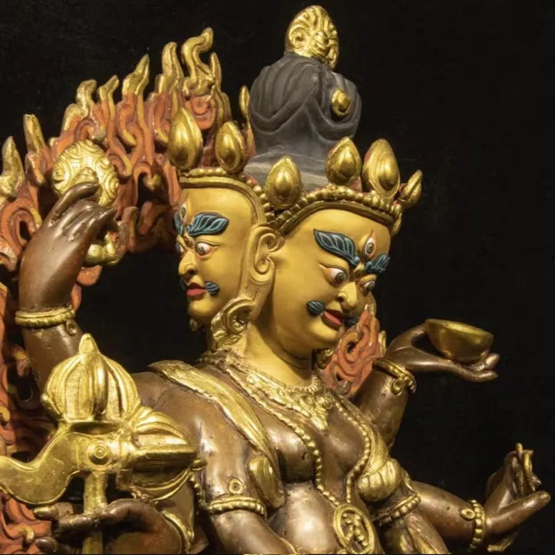 Rare Qing Dynasty Gilt Bronze Three-Faced and Six-Armed Black Jambhala Statue