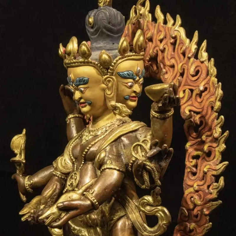 Rare Qing Dynasty Gilt Bronze Three-Faced and Six-Armed Black Jambhala Statue